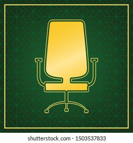 Office chair sign. Golden icon with gold contour at dark green gridded white background. Illustration.