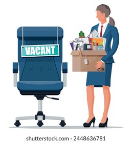 Office chair, sign vacancy. Employee with box with office goods. Hiring and recruiting. Human resources management, searching professional staff, work. Found right resume. Flat vector illustration