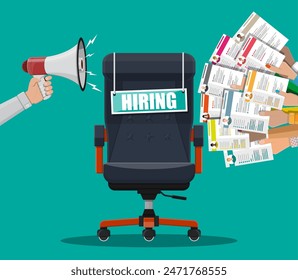 Office chair, sign vacancy. Loudspeaker or megaphone. Hiring and recruiting. Human resources management concept, searching professional staff, work. Found right resume. Vector illustration flat style