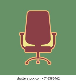 Office chair sign. Vector. Cordovan icon and mellow apricot halo with light khaki filled space at russian green background.