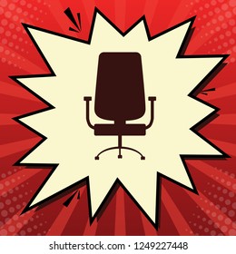 Office chair sign. Vector. Dark red icon in lemon chiffon shutter bubble at red popart background with rays.