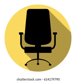 Office chair sign. Vector. Flat black icon with flat shadow on royal yellow circle with white background. Isolated.