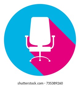 Office chair sign. Vector. Flat white icon with mexican pink shadow inside sky blue(S and G) circle at white background. Isolated. Trend colors in 2017.