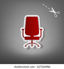 Office chair sign. Vector. Red icon with for applique from paper with shadow on gray background with scissors.
