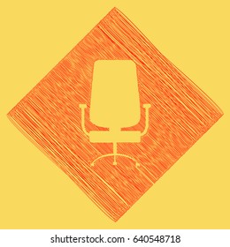 Office chair sign. Vector. Red scribble icon obtained as a result of subtraction rhomb and path. Royal yellow background.