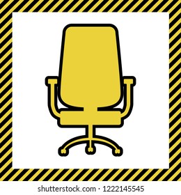 Office chair sign. Vector. Warm yellow icon with black contour in frame named as under construction at white background. Isolated.