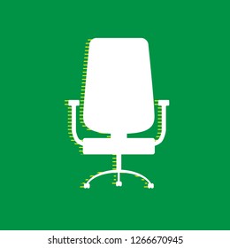 Office chair sign. Vector. White flat icon with yellow striped shadow at green background.