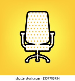 Office chair sign. Vector. Yellow polka dot white icon with black contour at warm yellow background.