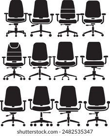 Office chair silhouette illustration on white background, chairs silhouette collection, collection of chairs silhouette