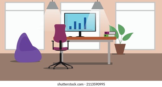 Office chair table and computer. Vector illustration of a modern office