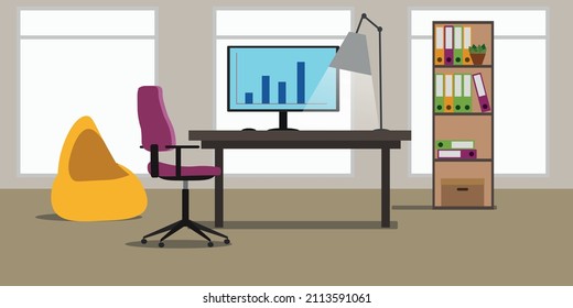 Office chair table and computer. Vector illustration of a modern office