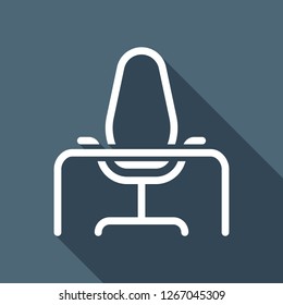 Office chair and table, outline linear icon. White flat icon with long shadow on blue background