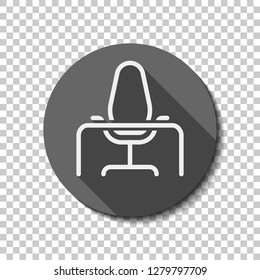 Office Chair And Table, Outline Linear Icon. Flat Icon, Long Shadow, Circle, Transparent Grid. Badge Or Sticker Style