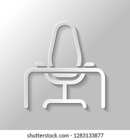 Office chair and table, outline linear icon. Paper style with shadow on gray background