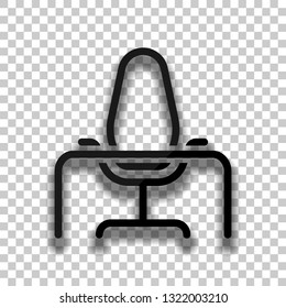 Office chair and table, outline linear icon. Black glass icon with soft shadow on transparent background