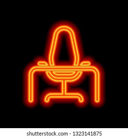Office chair and table, outline linear icon. Orange neon style on black background. Light icon
