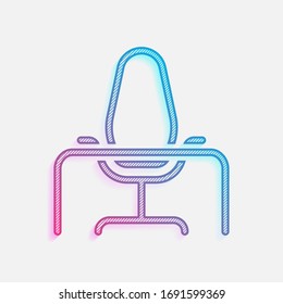 Office chair and table, outline linear icon. Colored logo with diagonal lines and blue-red gradient. Neon graphic, light effect
