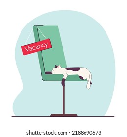 Silla de oficina con signo de vacantes e ilustración vectorial plana. Gato durmiendo en la silla. Empresa con posición abierta. Carrera, contratación, concepto de empleo para banner, diseño de sitios web o página web de inicio