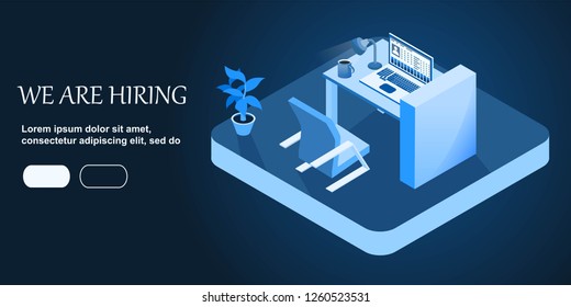 Office chair with vacancy sign isolated on blue background. Empty seat, workplace for employee. Business hiring and recruitment concept. Furniture, vacant desk, armchair icon. Vector flat isometric 