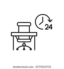 Office chair at work desk and 24 hours clock. Round the clock workspace and support. Pixel perfect vector icon