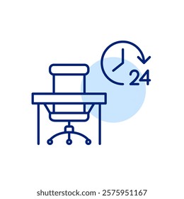 Office chair at work desk and 24 hours clock. Round the clock workspace and support. Pixel perfect, editable stroke icon