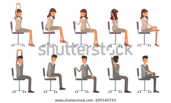 オフィスチェアヨガ 白い背景に企業のワークアウトベクターイラスト 仕事場に広がるビジネスマンと女性 のベクター画像素材 ロイヤリティフリー