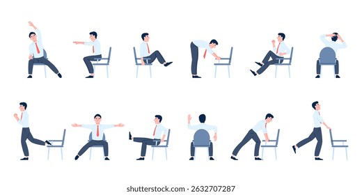 Office chair yoga. Manager workout at working place, prevention of back and neck pain. Sedentary lifestyle, different exercises recent vector set