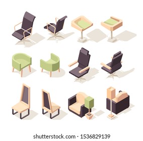 Office chairs. Modern furniture chairs and armchairs vector low poly isometric 3d pictures