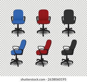 Office chairs set in blue, red, and black colors, front and side view on transparent background