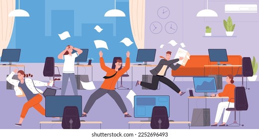 Office chaos. Corporate collapse stress workspace, hurry workers throw paper panic working environment, conflict boss and busy tired employees, vector illustration of workplace panic, deadline busy