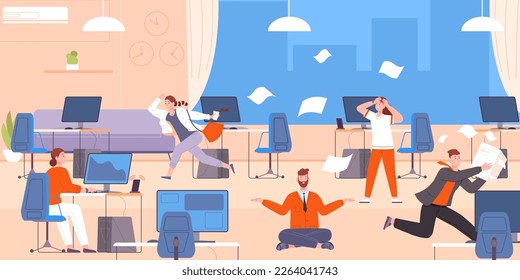 Meditación del caos en la oficina. El tranquilo empresario zen levitando en la oficina, límpidos problemas cerebrales alboroto caos trabajo relajación del gerente yoga descanso lugar de trabajo ruidoso, espléndida ilustración vectorial