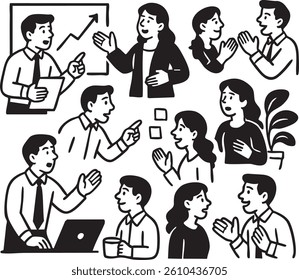 Office character 2 illustration doodles of business people working, learning and communicating. Outline, thin line art, linear, hand drawn sketch design, simple style.