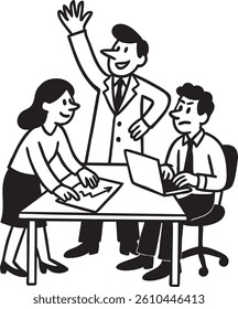 Office character 4 illustration doodles of business people working, learning and communicating. Outline, thin line art, linear, hand drawn sketch design, simple style.