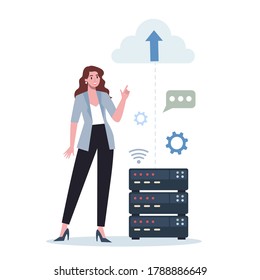 Office character and the cloud technology. Data information exchange, cloud technology concept. Idea of modern digital technology and information protection. Vector flat illustration