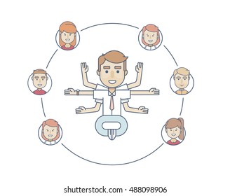 office character headhanter in the Lotus pose with six arms in flat style on a white background