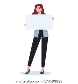 Office character holding a banner. Business worker with blank empty board for message. Advertising concept. Isolated vector illustration in cartoon style