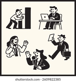 Office character illustration doodles of business people working and communicating. Outline, thin line art, linear, hand drawn sketch design, simple style.