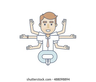 office character in the Lotus pose with six arms in flat style on awhite background