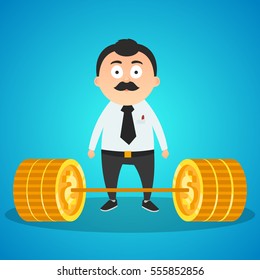 office character next to the barbell of coins (money). vector illustration