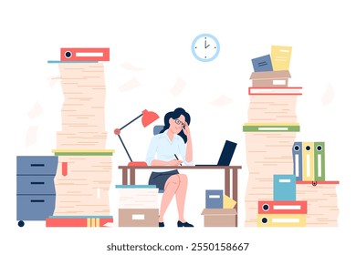 Bürofigur mit Papierkram. Überladen junge Büro weiblich arbeiten mit Stapeln von Papier. Bürokratie, Selbstwirtschaft oder Buchhaltung, jüngste Vektorszene