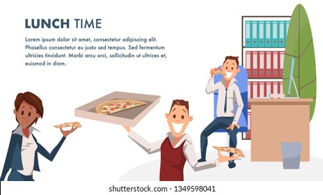 Office Character with Pizza Lunch Time Banner. Coworker Have Break for Italian Food. Happy Worker in Workplace. Man Hold Cardboard Box of Junkfood . Cartoon Flat Vector Illustration