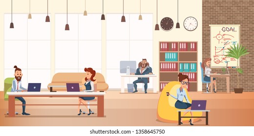 Office Character Work at Modern Creative Coworking. Happy People at Computer. Open Space Center Interior Design with Window Loft Style. Corporate Teamwork. Flat Cartoon Vector Illustration