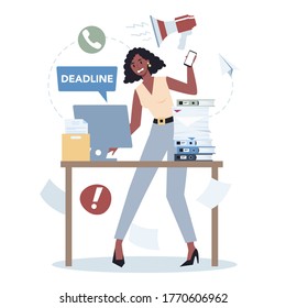 Office character with a lot of work set. Deadline and busy lifestyle concept. Idea of many work and few time. Employee stressing in office. Business problems. Flat vector illustration