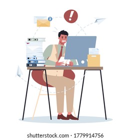 Office character with a lot of work set. Deadline and busy lifestyle concept. Idea of many work and few time. Employee stressing in office. Business problems. Flat vector illustration