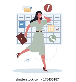 Office character with a lot of work set. Deadline and busy lifestyle concept. Idea of many work and few time. Employee stressing in office. Business problems. Flat vector illustration