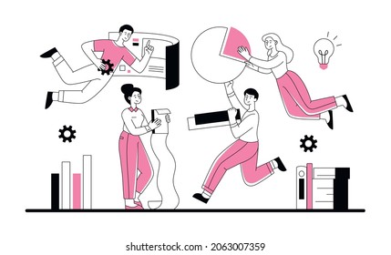 Trabajadores de carácter de oficina. Flujo de trabajo, compañeros que trabajan en el proyecto. Registro de documentación, directores, departamento. Desarrollo de empresas, análisis de estadísticas. Dibujo vectorial plano de dibujos animados