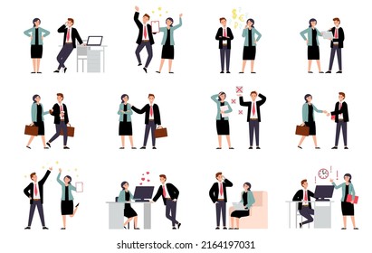 Office characters business collaboration. Time management scenes with professional people. Man and woman working together, isolated decent vector kit