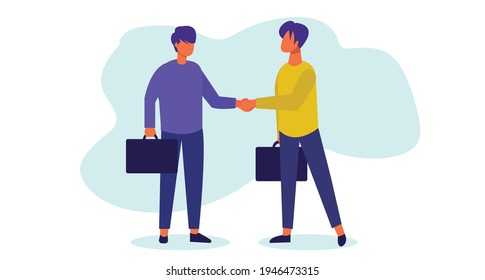 Office characters with handshaking and business deal cute character with suitcase modern character