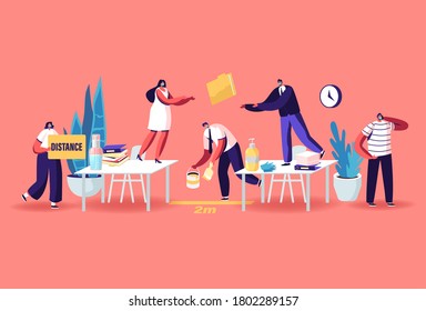 Office Characters in Medical Masks Work in Office on Distance. Worker Man Painting Distancing Markup between Desks. Working Process during Coronavirus Pandemic. Cartoon People Vector Illustration