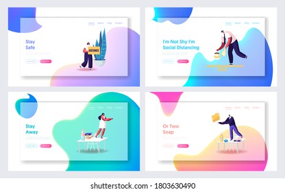 Office Characters in Medical Masks Work in Office on Distance Landing Page Template Set. Worker Painting Distancing Markup between Desks. People Working during Coronavirus. Cartoon Vector Illustration